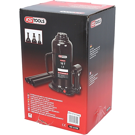 Schwarzer hydraulischer Flaschenwagenheber mit einer Tragkraft von 15 Tonnen in einer Box mit roter und schwarzer Farbgebung.